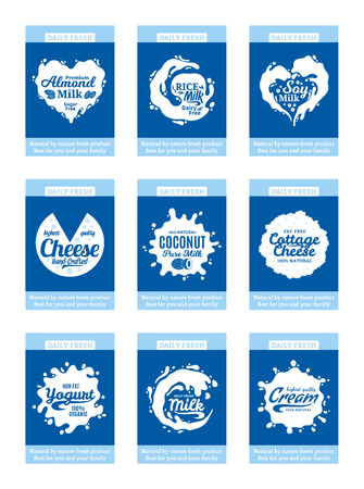 Vector milk product cards. Milk, yogurt, cream, cheese icons and splashes with sample text. Dairy product icons collection for grocery, agriculture store, packaging and advertisingのイラスト素材