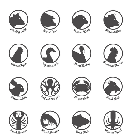 Set of seafood and farm animals flat black and white icons isolated on whiteのイラスト素材