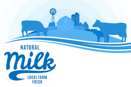 Vector milk illustration with rural landscape with cows, calves and farmのイラスト素材