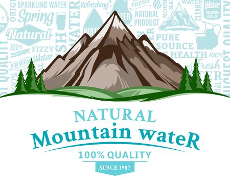 Vector natural mountain water illustration with mountain landscape, many water icons, splashes and design elements.のイラスト素材