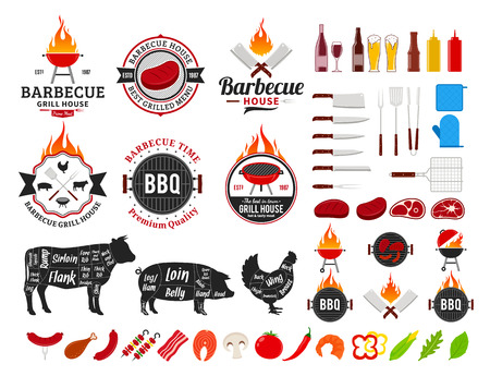 Vector barbecue logo and labels. BBQ, meat, vegetables, beer, wine and barbecue equipment icons.のイラスト素材