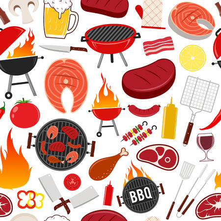 Vector barbecue seamless pattern or background. BBQ, meat, vegetables, beer, wine and equipment icons for cafe, bar and restaurant menu, branding and identity.のイラスト素材