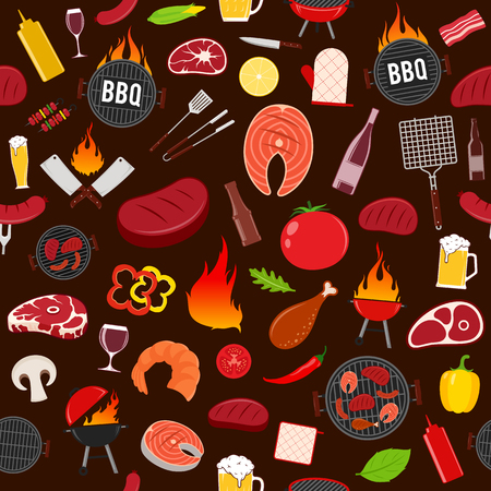Vector barbecue seamless pattern or background. BBQ, meat, vegetables, beer, wine and equipment icons for cafe, bar and restaurant menu, branding and identity.のイラスト素材