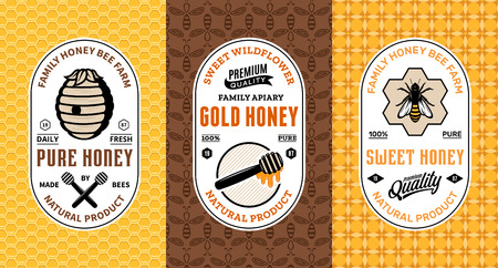 Honey labels, logo and packaging design templates for apiary and beekeeping  products, branding and identity. Vector honey illustration and patterns.のイラスト素材