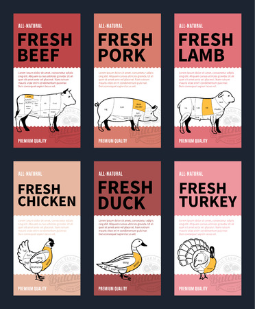 Vector butchery modern style labels. American (US) cuts of beef, pork, lamb, chicken, duck and turkey diagrams.のイラスト素材