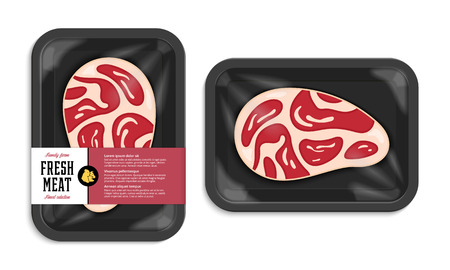 Vector meat packaging illustration. Black foam meat tray with plastic film mockup. Modern style butchery label.   Farm animals icons.のイラスト素材