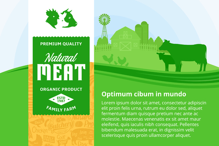 Vector meat illustration with rural landscape and farm animals. MOdern style butchery label. Butcher's shop pattern and design elements.のイラスト素材