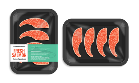 Vector salmon packaging illustration. Black foam tray with plastic film mockup. Modern style fish label.のイラスト素材