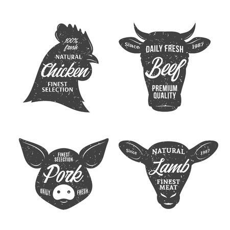 Retro styled butchery logo templates. Farm animal icons for groceries, meat stores, butcher's shops, packaging and advertising.のイラスト素材