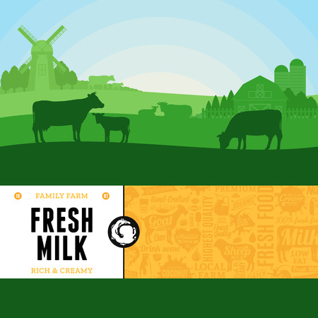 Vector milk illustration with rural landscape, cows, calves and farm. Modern style milk label. Dairy farm icons and design elements.のイラスト素材