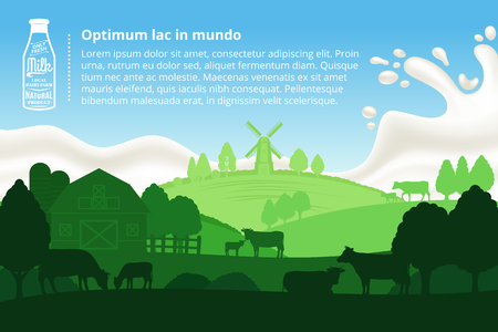 Vector milk illustration with milk splash on a background, rural landscape with cows, calves and farm.のイラスト素材