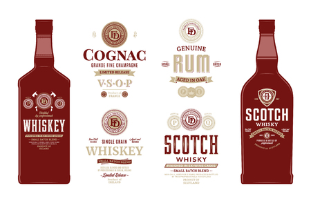 Alcoholic drinks labels and bottle mockup templates. Whiskey, scotch whisky, cognac and rum labels. Distilling business branding and identity design elements.のイラスト素材