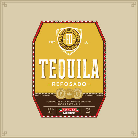 Vector colorful tequila reposado label isolated on a beige background. Distilling business branding and identity design elements.のイラスト素材
