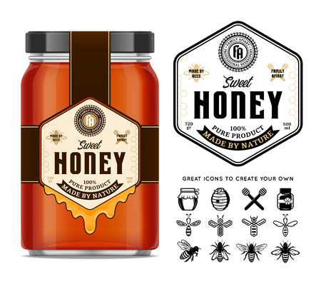 Honey glass jar mockup with label and icons for apiary and beekeeping products, branding and identity. Honey packaging design concept. Food label design.のイラスト素材
