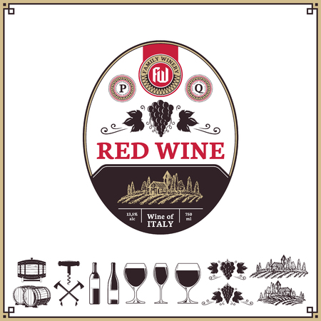 Vector vintage red wine label. Winemaking business branding and identity design elements.のイラスト素材