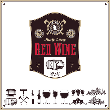 Vector vintage red wine label. Winemaking business branding and identity design elements.のイラスト素材