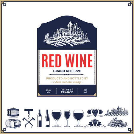 Vector vintage red wine label. Winemaking business branding and identity design elements.のイラスト素材