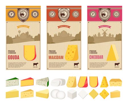 Vector cheese vintage labels with farming landscape and different types of cheese detailed icons. Dairy products illustration for dairies, farms and groceries branding.のイラスト素材