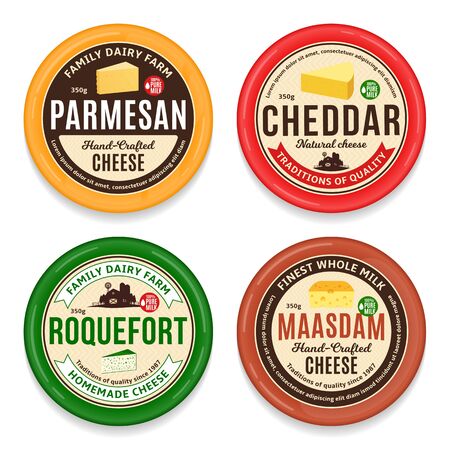 Vector cheese round labels and packaging design templates. Different types of cheese detailed icons. Dairy products illustration for dairies, package and groceries branding. Cow, sheep and goat icons.のイラスト素材