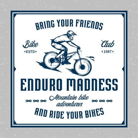 Vector downhill mountain biking badge, label with rider on a bike. Downhill, enduro, cross-country biking illustrationのイラスト素材