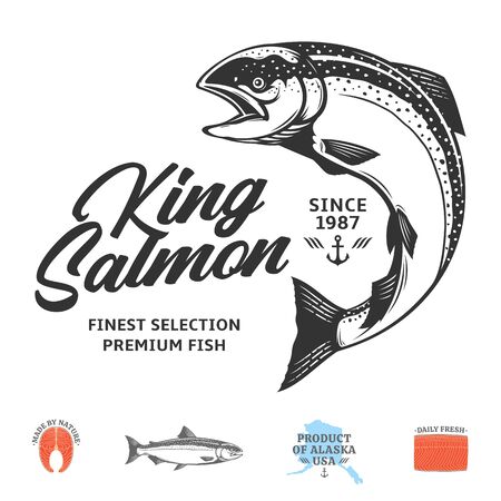 Vector king salmon logo isolated on a white background. Salmon raw steak, fillet and fish illustrationのイラスト素材