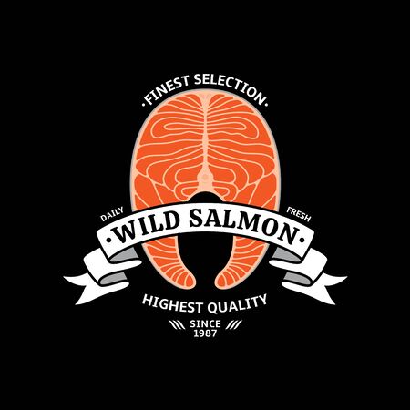 Vector salmon  with steak and ribbon on a black background. Atlantic, chinook, sockeye or pink salmon raw steak illustrationsのイラスト素材