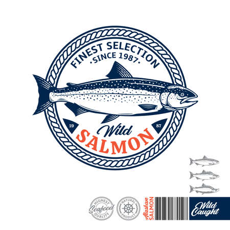 Vector wild caught salmon. Atlantic, sockeye and pink salmon illustration. Seafood label with sample text. Vector logotype designのイラスト素材