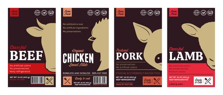 Vector butchery labels with farm animal faces. Cow, chicken, pig and sheep iconsのイラスト素材