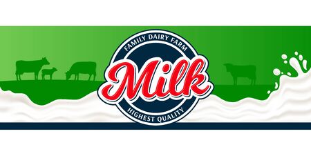 Vector milk round label template. Milk splash vector illustration on a green background. Cow and calf silhouettes. Dairy product modern style horizontal bannerのイラスト素材