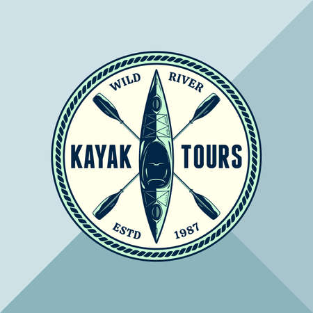 Vector kayak adventures, camp or club round  with paddles and boat. Water sport, kayaking, canoeing, rafting badge design conceptのイラスト素材