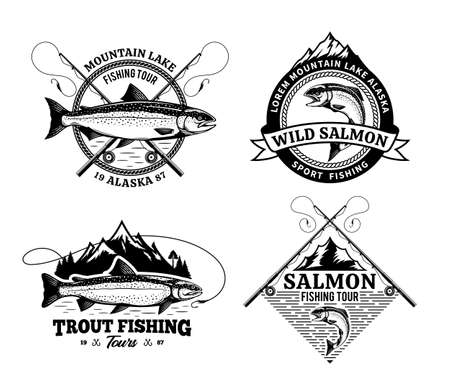 Vector fishing badges with detailed fish, rods and mountains. Fishing tournament, tours and camps illustrationsのイラスト素材