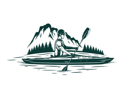 Kayaking on mountain river vector illustration with kayaker, mountain silhouette and pine trees. Water sport and kayaking design conceptのイラスト素材
