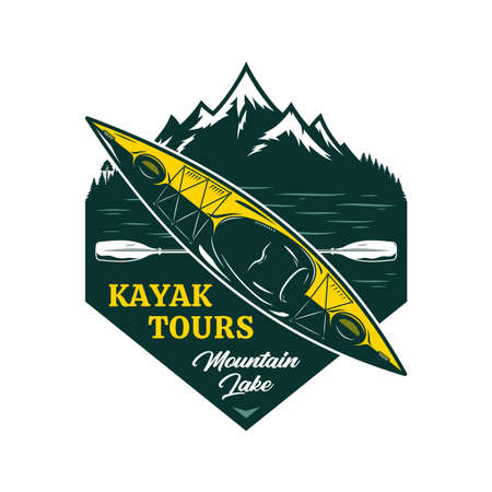 Vector kayak tours  with boat, paddle and mountain. Water sport and kayaking badge design conceptのイラスト素材