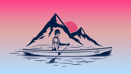 Man canoeing at sunset on mountain lake vector illustration. Water sport and canoeing design conceptのイラスト素材