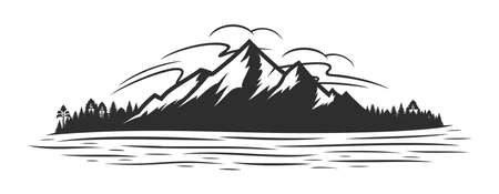 Vector mountain silhouette, coniferous forest and glare on the mountain lake or riverのイラスト素材