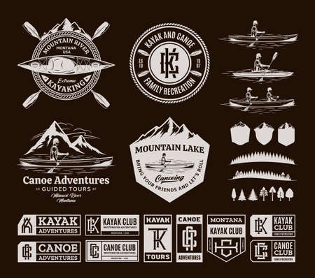 Canoe and kayak   badges and design elements. Water sport, recreation, canoeing and kayaking design conceptsのイラスト素材