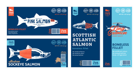 Vector salmon horizontal and vertical modern style labels. Atlantic, sockeye, chinook and pink salmon fish illustrationsのイラスト素材
