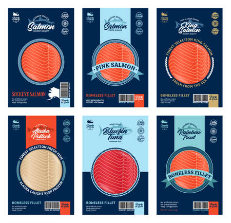Vector fish packaging design concept. Modern style seafood packaging illustration. Salmon, trout, tuna and alaska pollock fish illustrationsのイラスト素材