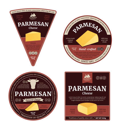 Vector parmesan cheese labels and packaging design elements. Parmesan cheese detailed iconsのイラスト素材