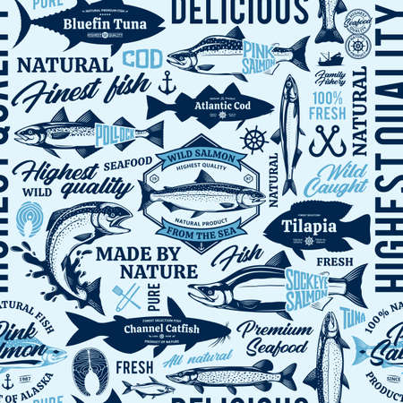 Vector fish seamless pattern,  and design elements. Fish silhouettes and illustrationsのイラスト素材