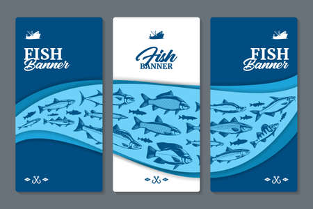 Fish vertical banner or flyer design concept with fish illustrations and silhouettes on a backgroundのイラスト素材