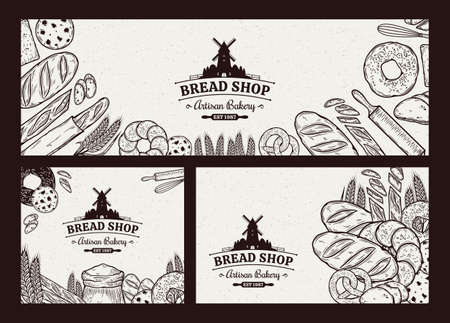 Vintage bakery banners with hand-drawn bakery products. Bread and bakery illustrations, vector food iconsのイラスト素材