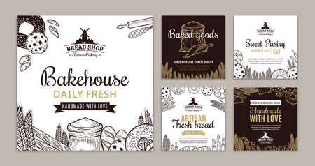 Bakery shop square banner templates, backgrounds with baked goods, hand-drawn food illustrations, and iconsのイラスト素材