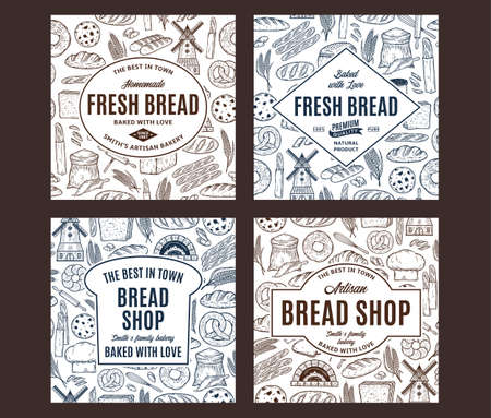 Bakery hand-drawn banners. Bread label design templates. Bread and bakery illustrations, vector food iconsのイラスト素材