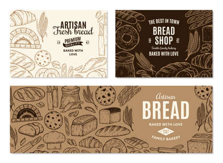 Vintage bakery banners with hand-drawn bakery products. Bread and bakery illustrations, vector food iconsのイラスト素材