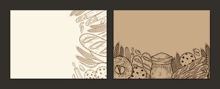 Vector horizontal bakery banners with copy space. Bread and bakery illustrations, vector food iconsのイラスト素材