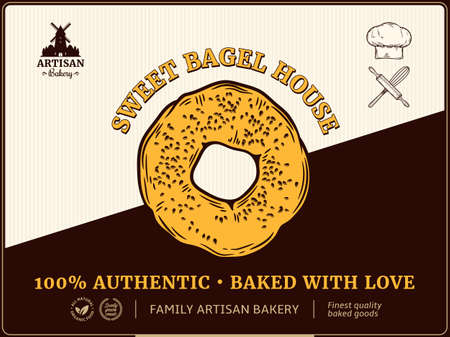 Bakery label and packaging design template for baked products branding and packaging. vector bagel illustrationのイラスト素材