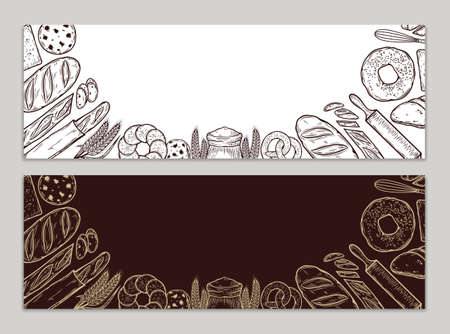Vector horizontal bakery banners with copy space. Bread and bakery illustrations, vector food iconsのイラスト素材