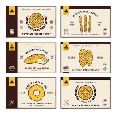 Bakery labels and packaging design templates for baked products branding and packaging. vector bread illustrationsのイラスト素材