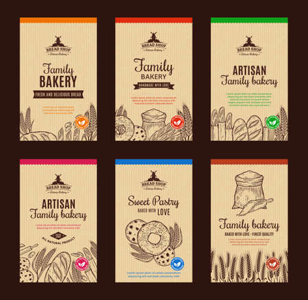 Bakery label templates, bakery backgrounds with baked goods, hand-drawn food illustrations, and iconsのイラスト素材